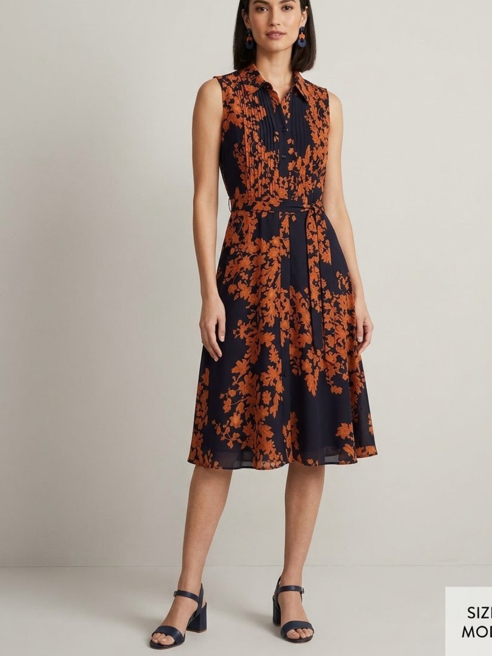 Nanette Lepore Navy Dress with Rust Floral Print and Self Tie